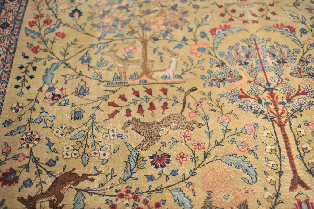 RARE "CREATOR'S VISION" PARADISE TREE OF LIFE TABRIZ with Phoenix, Leopards, Fawn, & Roosters | Camel Ground & Bakshayesh Blue Border | UNREAL | 9.8 x 13