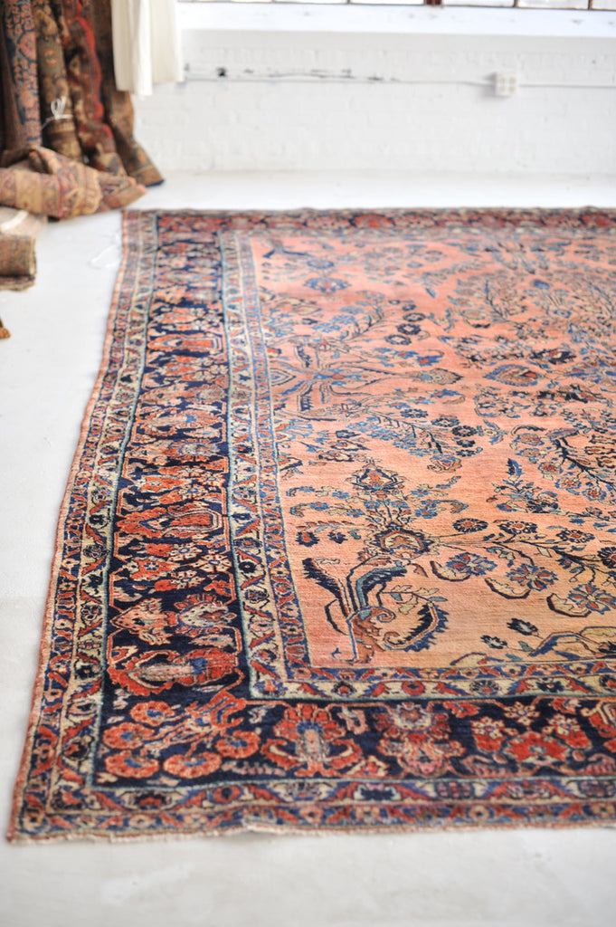 GLOWING Antique Botanical Sarouk GEM | Salmon, Coral, Pink, Blush with Deep Indigo & Peacock Blue | 10.3 x 13.4
