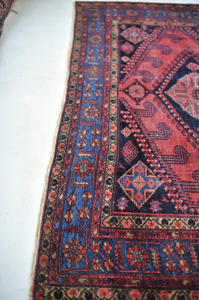 RESERVED FOR ALYSSA*** SENSATIONAL Antique Geometric Village Rug | Fruit Punch, Watermelon, Coral, Deep Salmon with Oxford & Denim Blue | 9.7 x 11.9