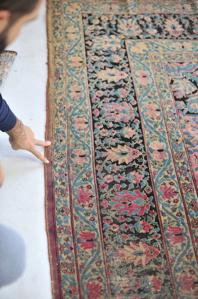 PALACE SIZE Antique | ICONIC Garden Inspired Design ; Charcoal, Magenta, Denim Blue | 11.4 x 17.7