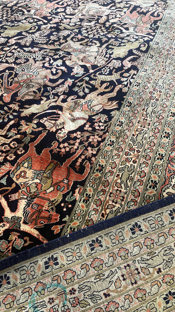 RESERVED FOR OLIVIER*** PURE KASHMIR SILK Vintage Room Size Pictorial Piece; "The Royal Hunt" Terracotta, Indigo, Sage Green | 9.1 x 12.7