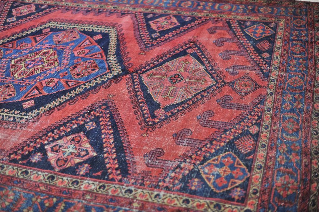 SOLD | SENSATIONAL Antique Geometric Village Rug | Fruit Punch, Watermelon, Coral, Deep Salmon with Oxford & Denim Blue | 9.7 x 11.9