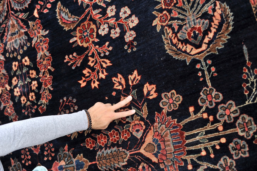 MOODY RALPH LAUREN Vibe Antique Sarouk | Botanical Velvety Wool with Deep Navy & Rich Red | 9.3 x 12.2
