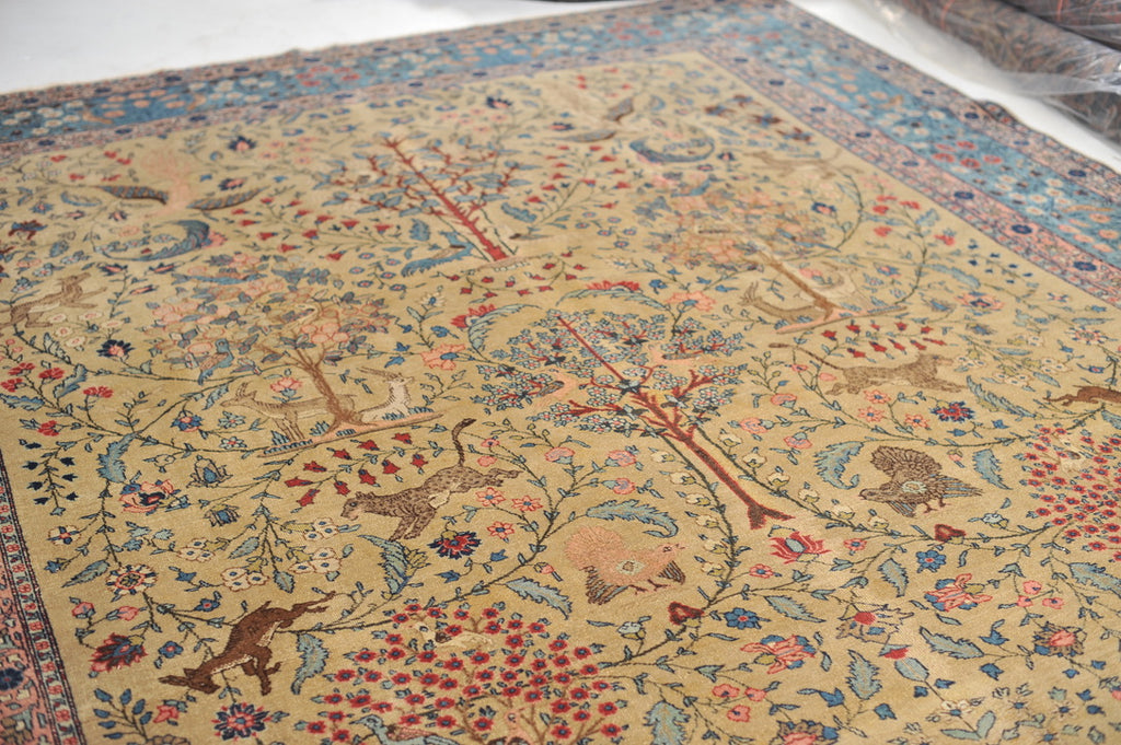 RARE "CREATOR'S VISION" PARADISE TREE OF LIFE TABRIZ with Phoenix, Leopards, Fawn, & Roosters | Camel Ground & Bakshayesh Blue Border | UNREAL | 9.8 x 13