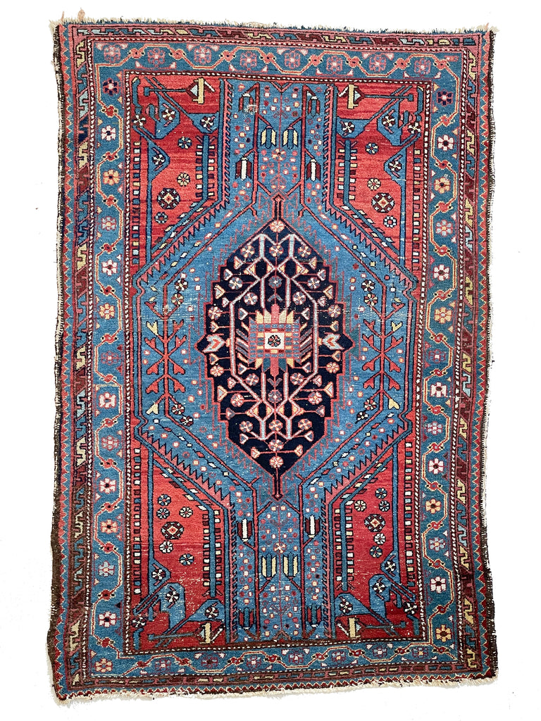 Electrifying Blue & Lovely Strawberry Antique Rug |  4.2 x 6.4