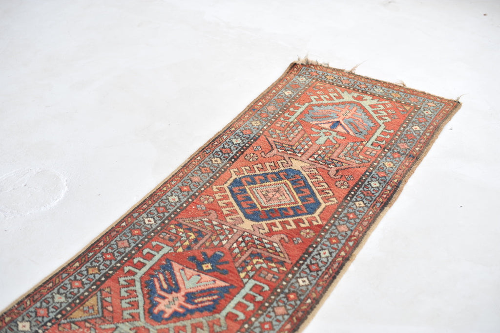 RARE & GORGEOUS Skinny Antique Northwest | Narrow Meandering Runner with Slate Blue, Dirty Lavender, Blush | 2.2 x 9.11