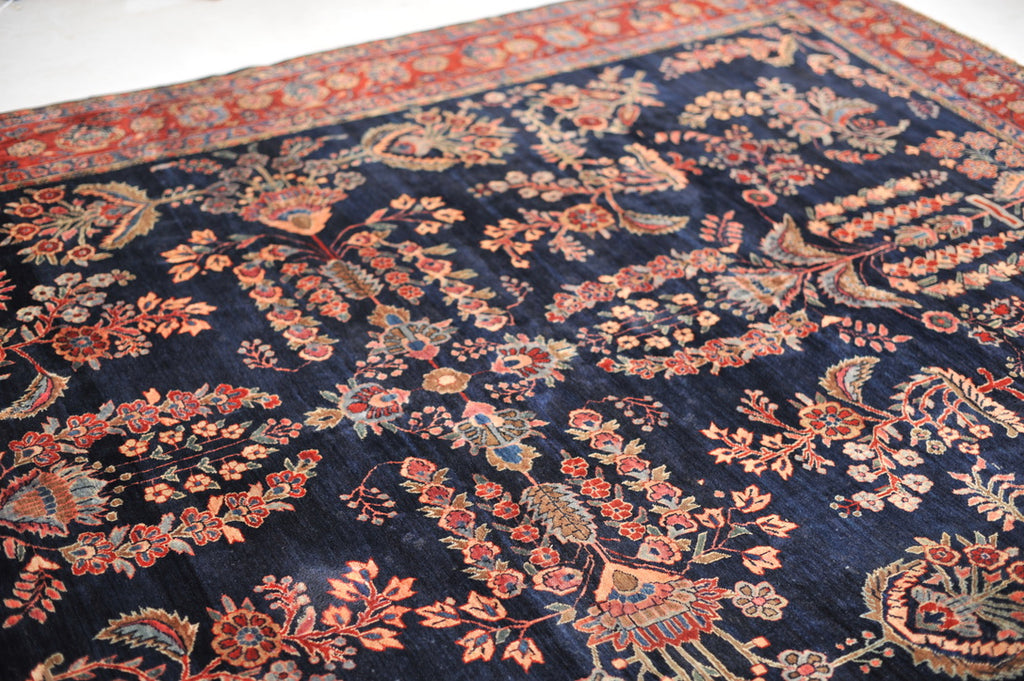 MOODY RALPH LAUREN Vibe Antique Sarouk | Botanical Velvety Wool with Deep Navy & Rich Red | 9.3 x 12.2