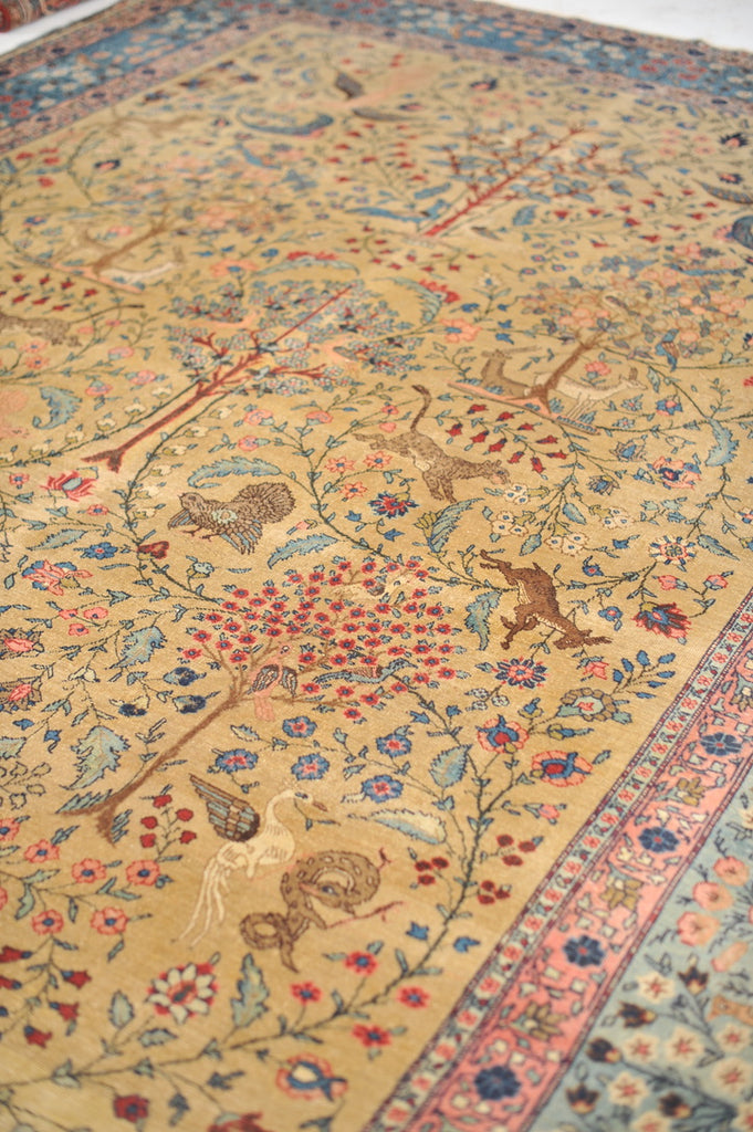 RARE "CREATOR'S VISION" PARADISE TREE OF LIFE TABRIZ with Phoenix, Leopards, Fawn, & Roosters | Camel Ground & Bakshayesh Blue Border | UNREAL | 9.8 x 13