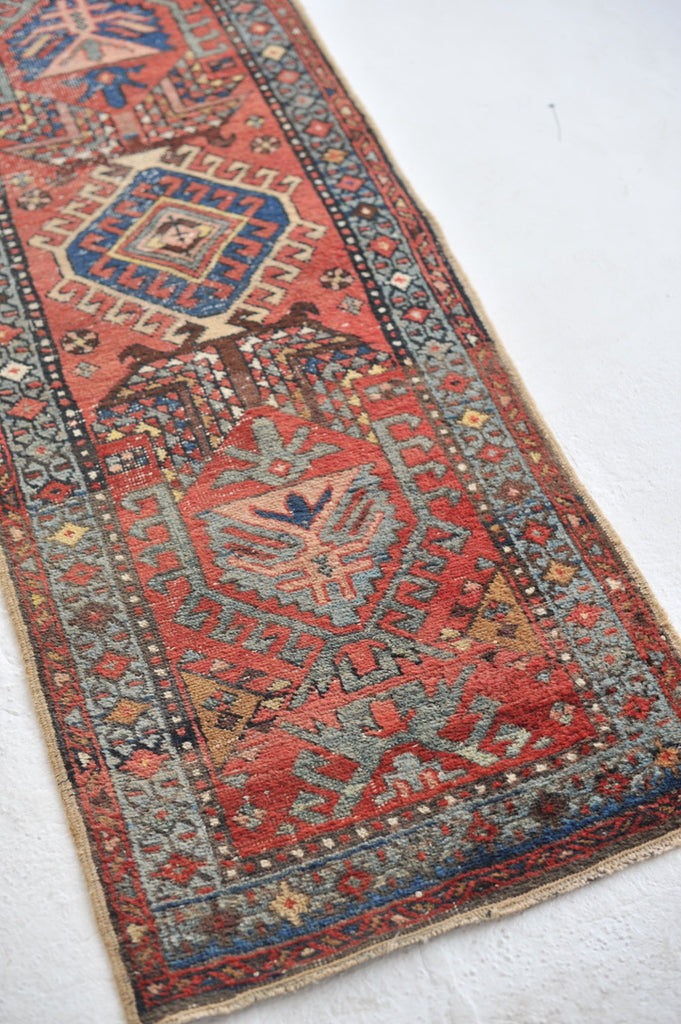 RARE & GORGEOUS Skinny Antique Northwest | Narrow Meandering Runner with Slate Blue, Dirty Lavender, Blush | 2.2 x 9.11