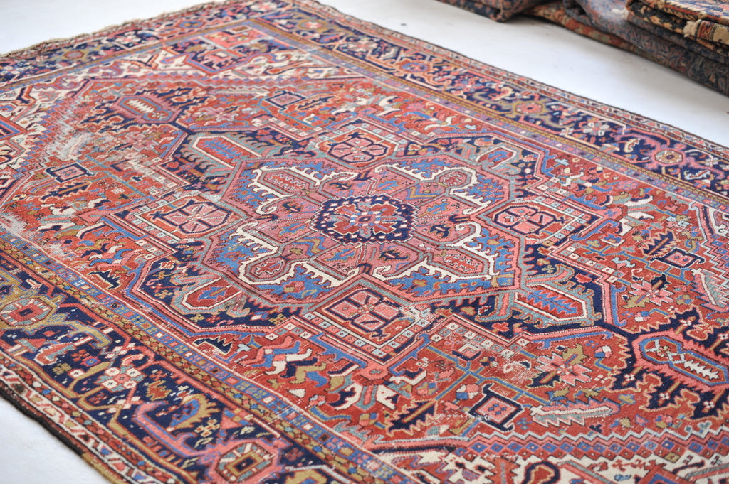 SOLD | BERRY & TEAL Medallion | Antique Persian Heriz Northwest Geometric Village Rug | 8.3 x 11.4
