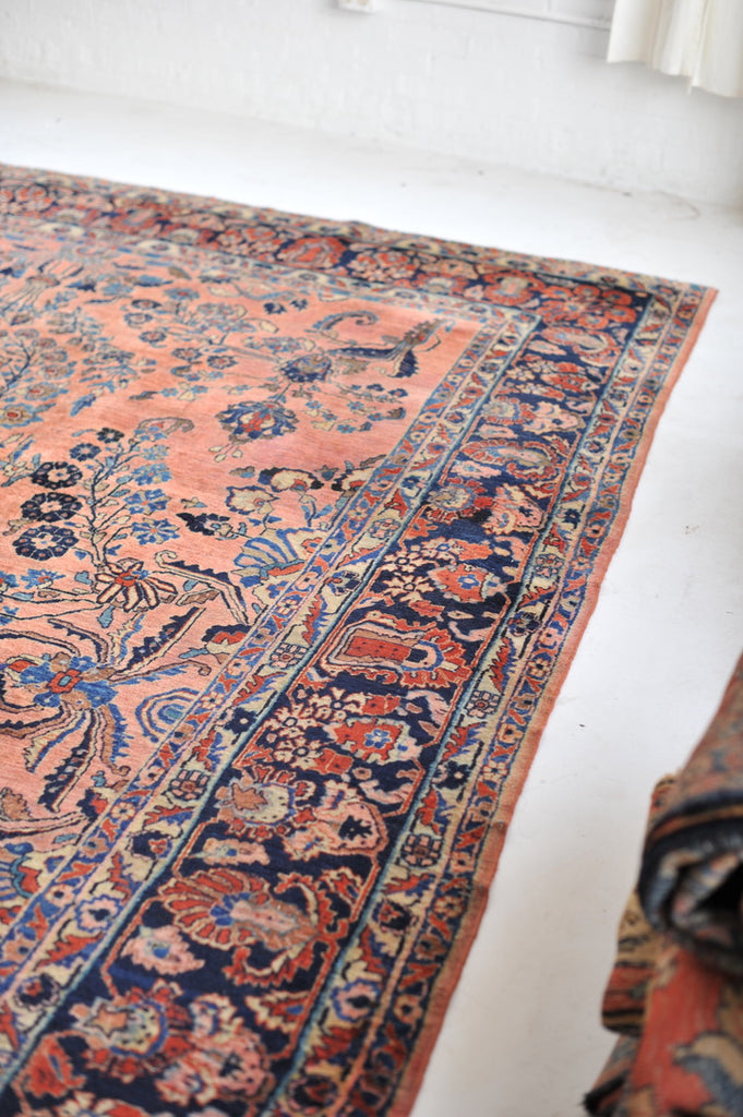 GLOWING Antique Botanical Sarouk GEM | Salmon, Coral, Pink, Blush with Deep Indigo & Peacock Blue | 10.3 x 13.4