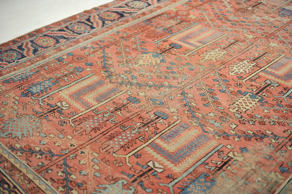RESERVED FOR UI BROOKLYN***  RARE Collector's Willow Tree of Life Antique Persian Heriz Northwest Village Rug, C. 1915 | Salmon & Coral with Ice Blues and Teals | 9.5 x 12