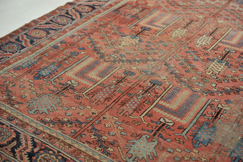 RESERVED FOR UZODINMA***  RARE Collector's Willow Tree of Life Antique Persian Heriz Northwest Village Rug, C. 1915 | Salmon & Coral with Ice Blues and Teals | 9.5 x 12