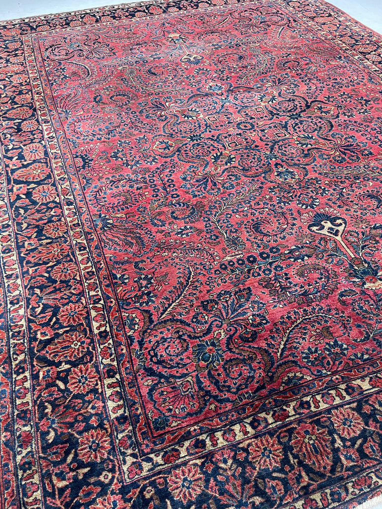 SOLD | CURVILINEAR Antique Persian Sarouk | Gorgeous Classic with LOVE BIRDS | Ruby-Blush-Berry, Chestnut, Peacock Blues | 8.9 x 11.7