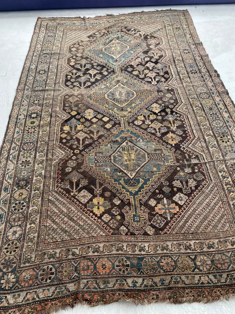 SOLD | CHARMING Antique Southwest Persian Village Rug | Pure Wool with Tri-Medallion Marbling Blues, Greens & Earthy Canary Yellows against BLACKish Blue | 5.8 x 9.3