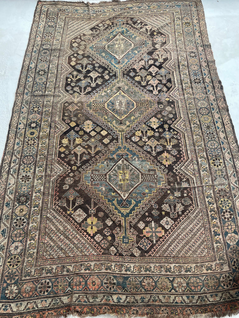 SOLD | CHARMING Antique Southwest Persian Village Rug | Pure Wool with Tri-Medallion Marbling Blues, Greens & Earthy Canary Yellows against BLACKish Blue | 5.8 x 9.3