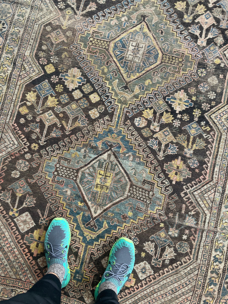 SOLD | CHARMING Antique Southwest Persian Village Rug | Pure Wool with Tri-Medallion Marbling Blues, Greens & Earthy Canary Yellows against BLACKish Blue | 5.8 x 9.3