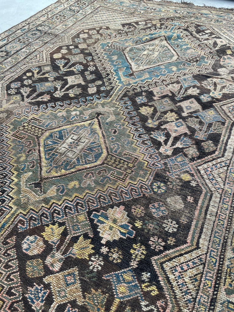 SOLD | CHARMING Antique Southwest Persian Village Rug | Pure Wool with Tri-Medallion Marbling Blues, Greens & Earthy Canary Yellows against BLACKish Blue | 5.8 x 9.3