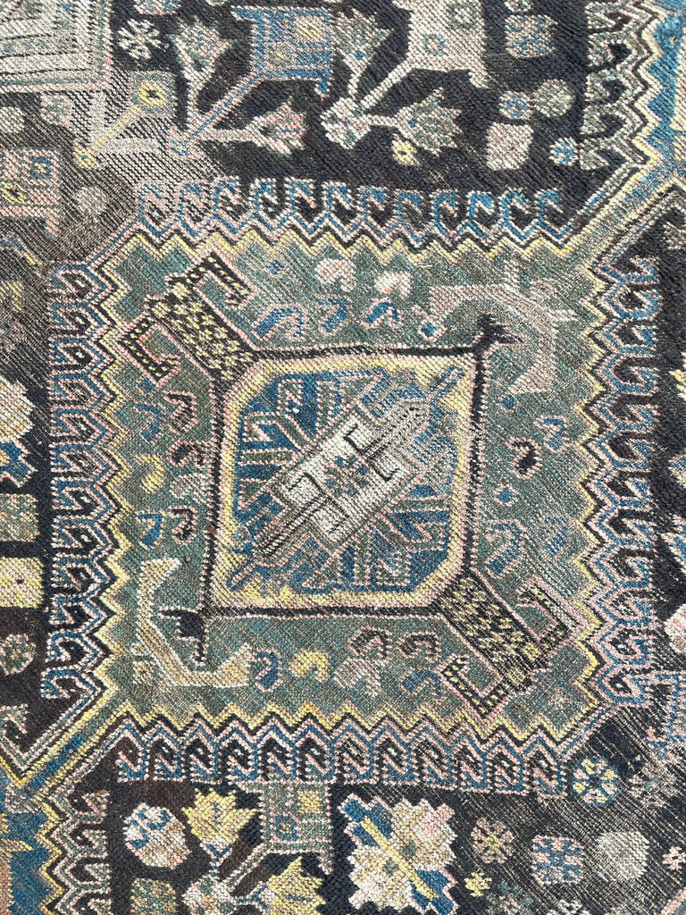 SOLD | CHARMING Antique Southwest Persian Village Rug | Pure Wool with Tri-Medallion Marbling Blues, Greens & Earthy Canary Yellows against BLACKish Blue | 5.8 x 9.3