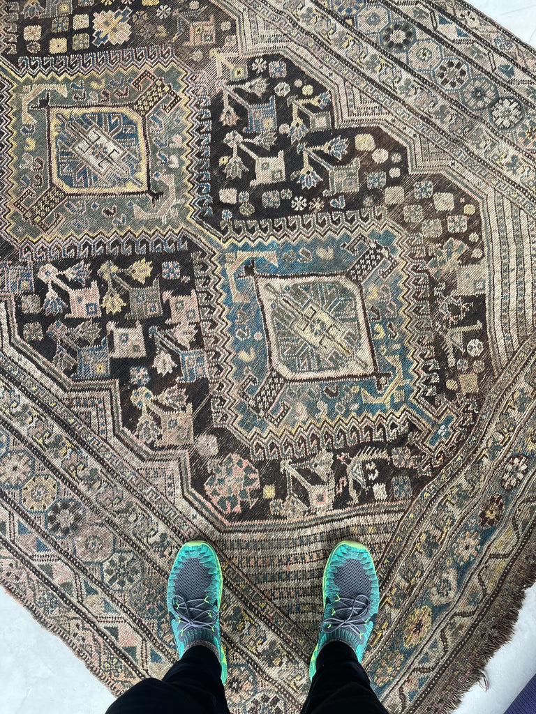 SOLD | CHARMING Antique Southwest Persian Village Rug | Pure Wool with Tri-Medallion Marbling Blues, Greens & Earthy Canary Yellows against BLACKish Blue | 5.8 x 9.3