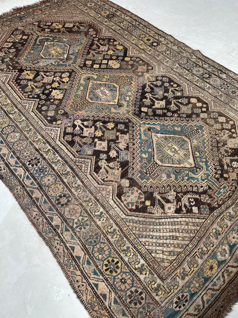 SOLD | CHARMING Antique Southwest Persian Village Rug | Pure Wool with Tri-Medallion Marbling Blues, Greens & Earthy Canary Yellows against BLACKish Blue | 5.8 x 9.3