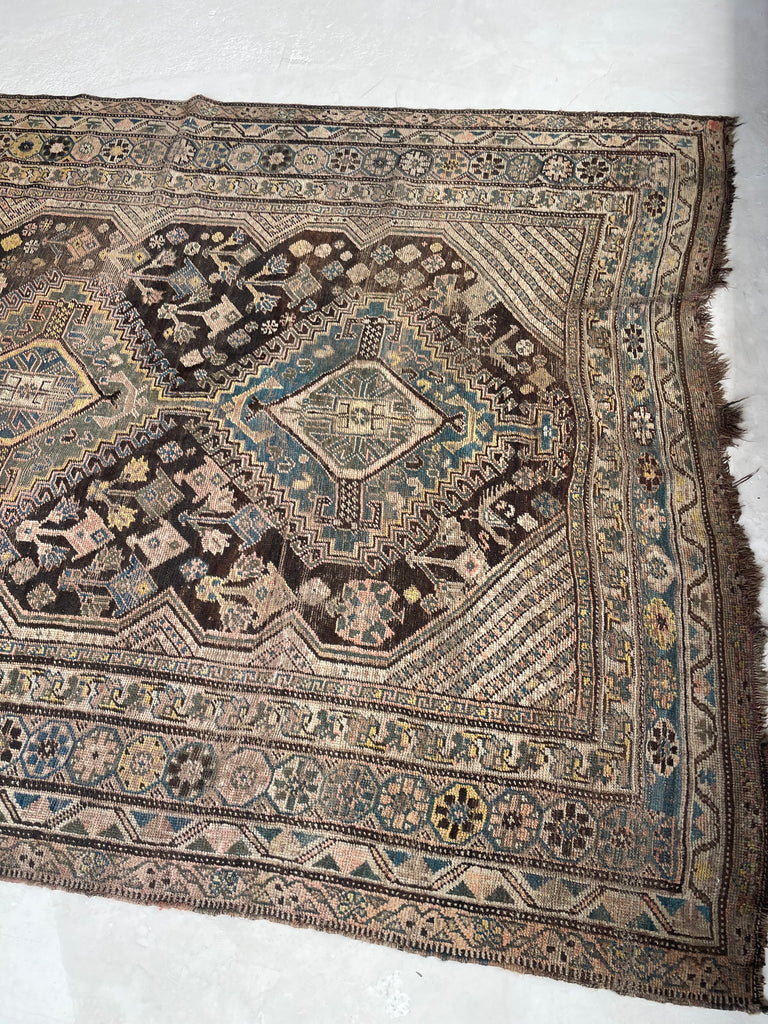 SOLD | CHARMING Antique Southwest Persian Village Rug | Pure Wool with Tri-Medallion Marbling Blues, Greens & Earthy Canary Yellows against BLACKish Blue | 5.8 x 9.3