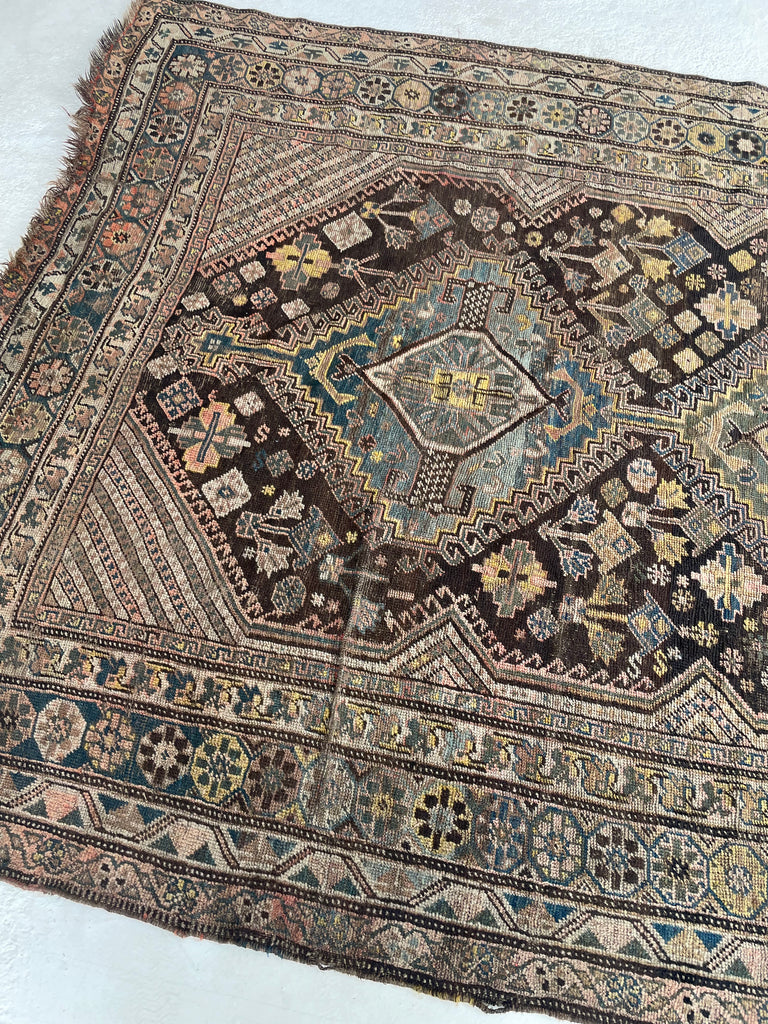 SOLD | CHARMING Antique Southwest Persian Village Rug | Pure Wool with Tri-Medallion Marbling Blues, Greens & Earthy Canary Yellows against BLACKish Blue | 5.8 x 9.3