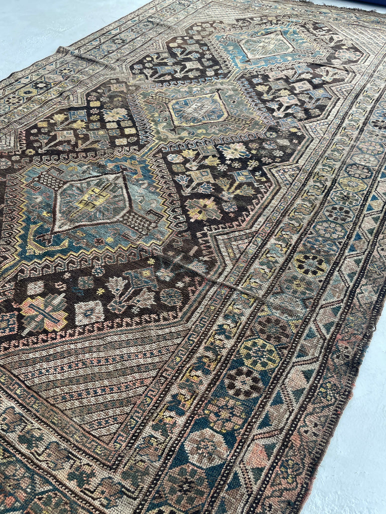 SOLD | CHARMING Antique Southwest Persian Village Rug | Pure Wool with Tri-Medallion Marbling Blues, Greens & Earthy Canary Yellows against BLACKish Blue | 5.8 x 9.3
