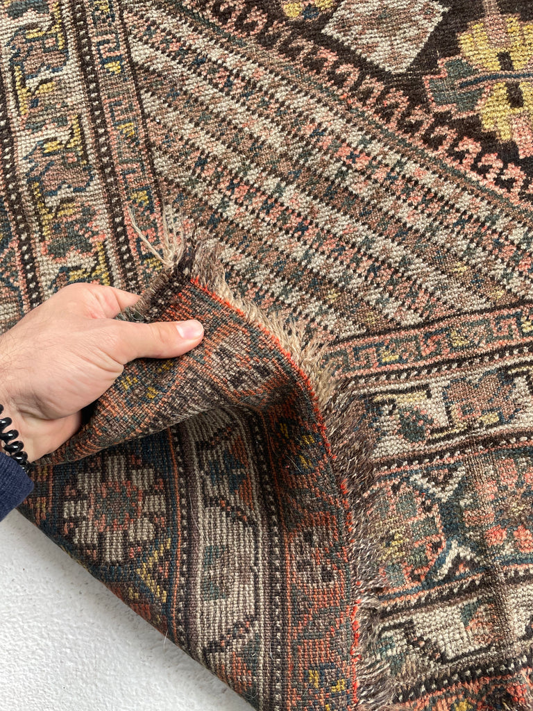 SOLD | CHARMING Antique Southwest Persian Village Rug | Pure Wool with Tri-Medallion Marbling Blues, Greens & Earthy Canary Yellows against BLACKish Blue | 5.8 x 9.3