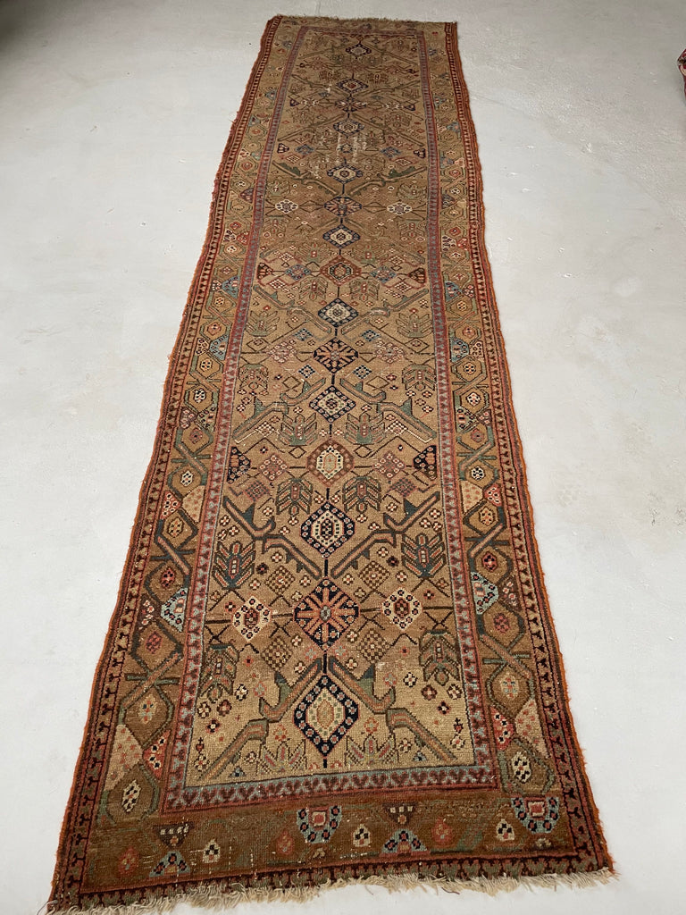 SOLD | EXOTIC Mystical Village Runner | Raw Camel Hair with Greens, Teal, Ice Blue & Aubergine | 3.2 x 12.3