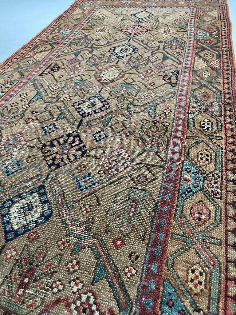SOLD | EXOTIC Mystical Village Runner | Raw Camel Hair with Greens, Teal, Ice Blue & Aubergine | 3.2 x 12.3