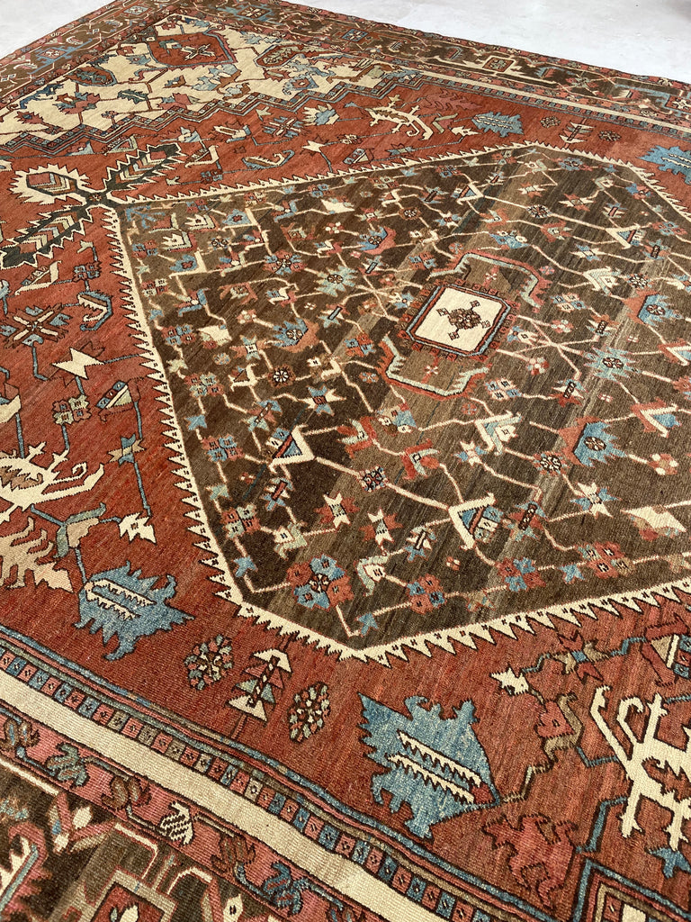 SOLD | MINT CONDITION PALACE SIZE Antique Persian Serapi-Heriz | All-Encompassing Beauty | Rust, Walnut, Midnight Blue, Salmon-Rose, Denim | 11.3 x 15.5