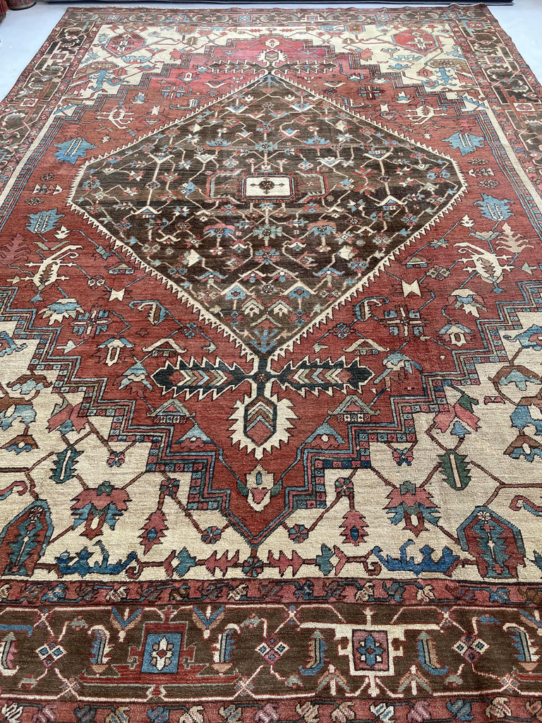 SOLD | MINT CONDITION PALACE SIZE Antique Persian Serapi-Heriz | All-Encompassing Beauty | Rust, Walnut, Midnight Blue, Salmon-Rose, Denim | 11.3 x 15.5