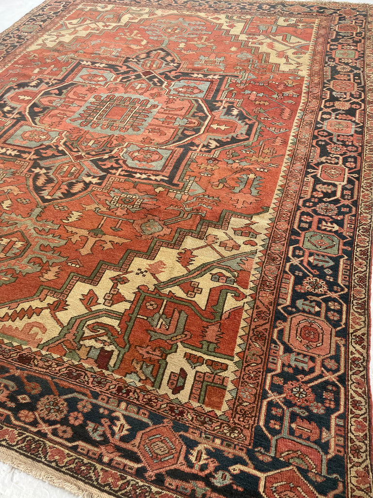 MINT CONDITION GORGEOUS Terracotta Ground with RARE Grassy Green & Ice Blue Antique Serapi-Heriz | 10.6 x 12.8
