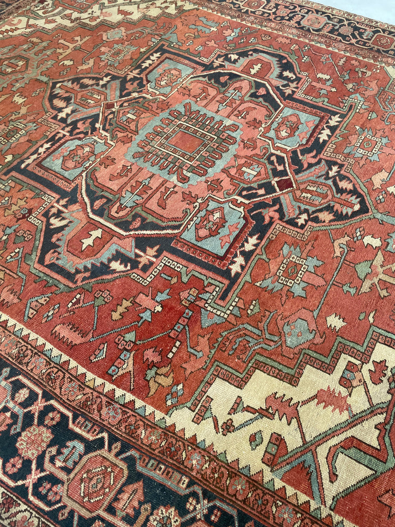 MINT CONDITION GORGEOUS Terracotta Ground with RARE Grassy Green & Ice Blue Antique Serapi-Heriz | 10.6 x 12.8