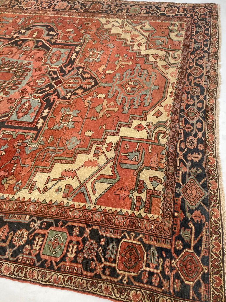 MINT CONDITION GORGEOUS Terracotta Ground with RARE Grassy Green & Ice Blue Antique Serapi-Heriz | 10.6 x 12.8