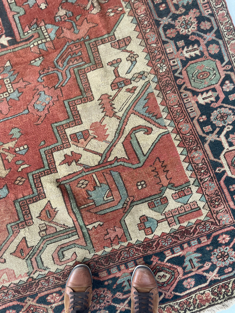 MINT CONDITION GORGEOUS Terracotta Ground with RARE Grassy Green & Ice Blue Antique Serapi-Heriz | 10.6 x 12.8