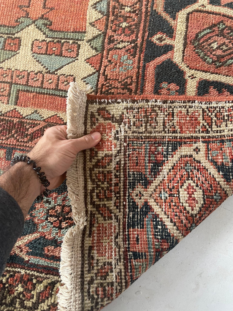MINT CONDITION GORGEOUS Terracotta Ground with RARE Grassy Green & Ice Blue Antique Serapi-Heriz | 10.6 x 12.8