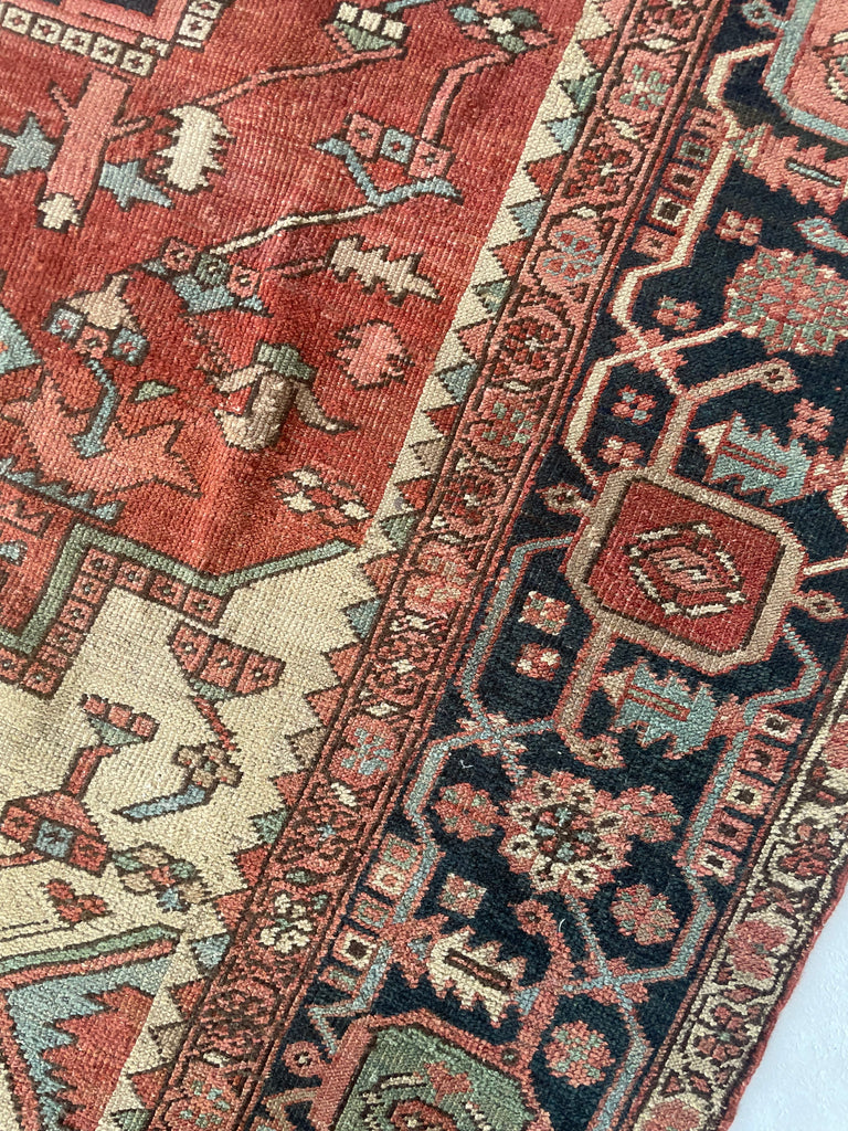 MINT CONDITION GORGEOUS Terracotta Ground with RARE Grassy Green & Ice Blue Antique Serapi-Heriz | 10.6 x 12.8