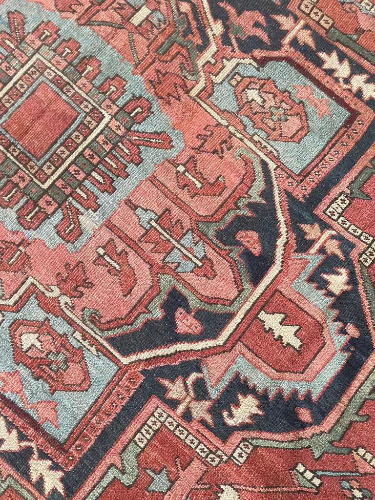 MINT CONDITION GORGEOUS Terracotta Ground with RARE Grassy Green & Ice Blue Antique Serapi-Heriz | 10.6 x 12.8