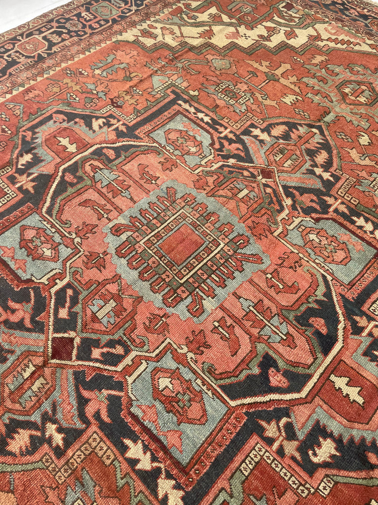MINT CONDITION GORGEOUS Terracotta Ground with RARE Grassy Green & Ice Blue Antique Serapi-Heriz | 10.6 x 12.8