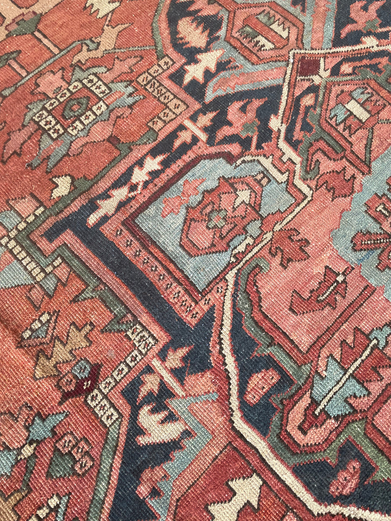 MINT CONDITION GORGEOUS Terracotta Ground with RARE Grassy Green & Ice Blue Antique Serapi-Heriz | 10.6 x 12.8