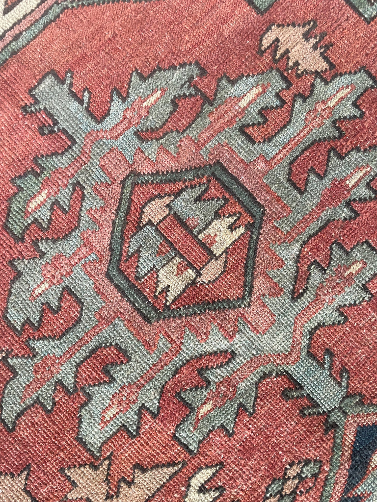 MINT CONDITION GORGEOUS Terracotta Ground with RARE Grassy Green & Ice Blue Antique Serapi-Heriz | 10.6 x 12.8