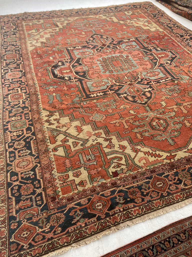 MINT CONDITION GORGEOUS Terracotta Ground with RARE Grassy Green & Ice Blue Antique Serapi-Heriz | 10.6 x 12.8
