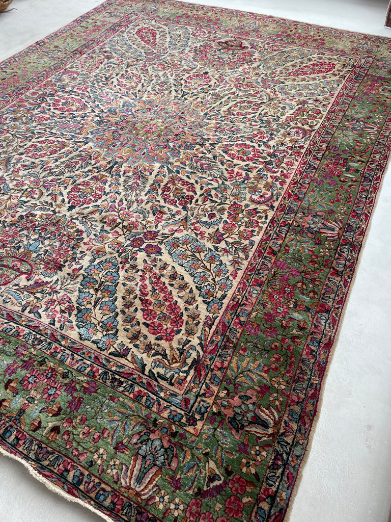 SOLD | MAGICAL Botanical Antique Kerman Lavar | Two-Toned GREEN Border with Purples & Beyond | 8.11 x 11.7