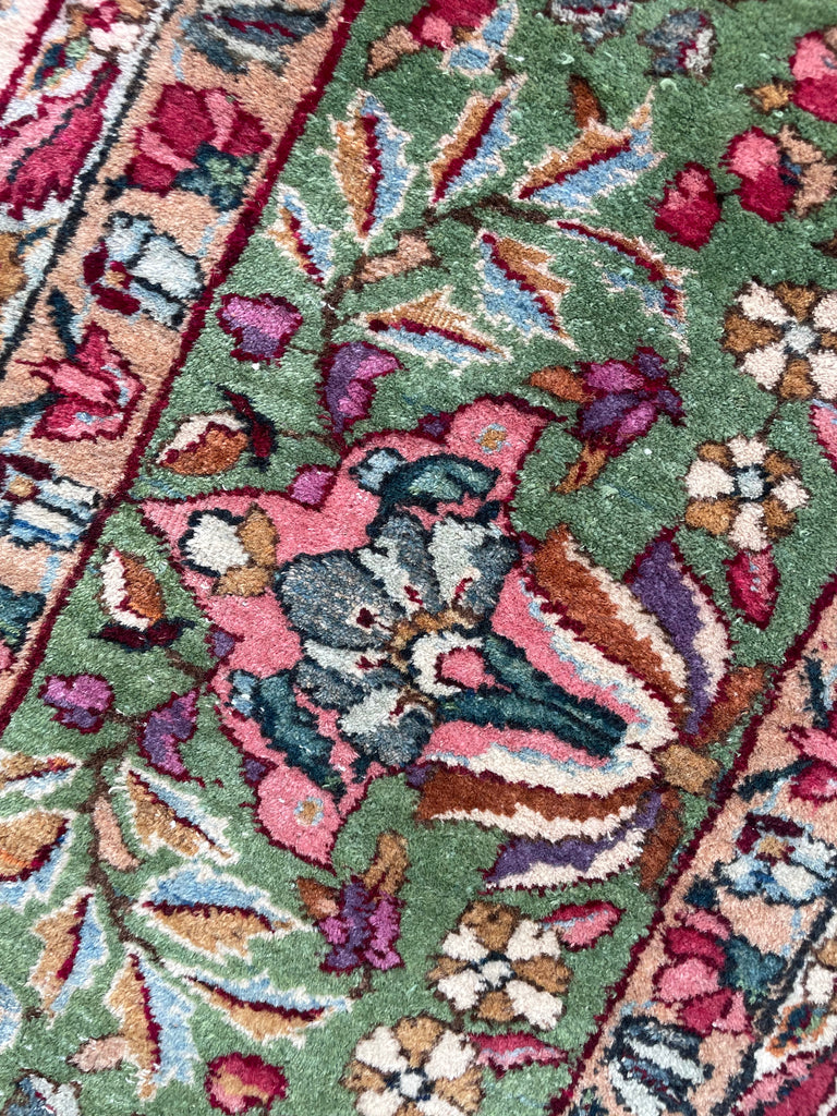 SOLD | MAGICAL Botanical Antique Kerman Lavar | Two-Toned GREEN Border with Purples & Beyond | 8.11 x 11.7
