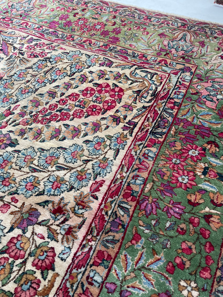 SOLD | MAGICAL Botanical Antique Kerman Lavar | Two-Toned GREEN Border with Purples & Beyond | 8.11 x 11.7
