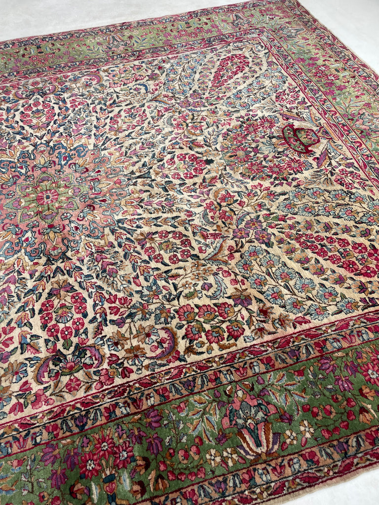 SOLD | MAGICAL Botanical Antique Kerman Lavar | Two-Toned GREEN Border with Purples & Beyond | 8.11 x 11.7