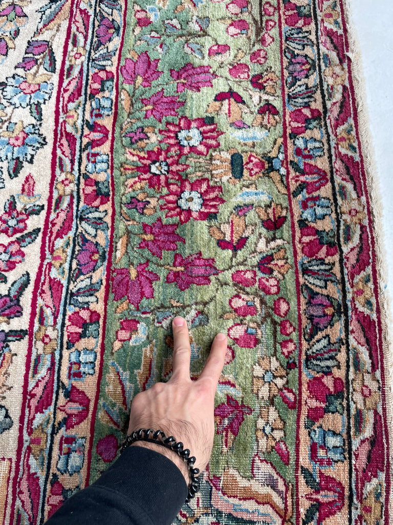 SOLD | MAGICAL Botanical Antique Kerman Lavar | Two-Toned GREEN Border with Purples & Beyond | 8.11 x 11.7