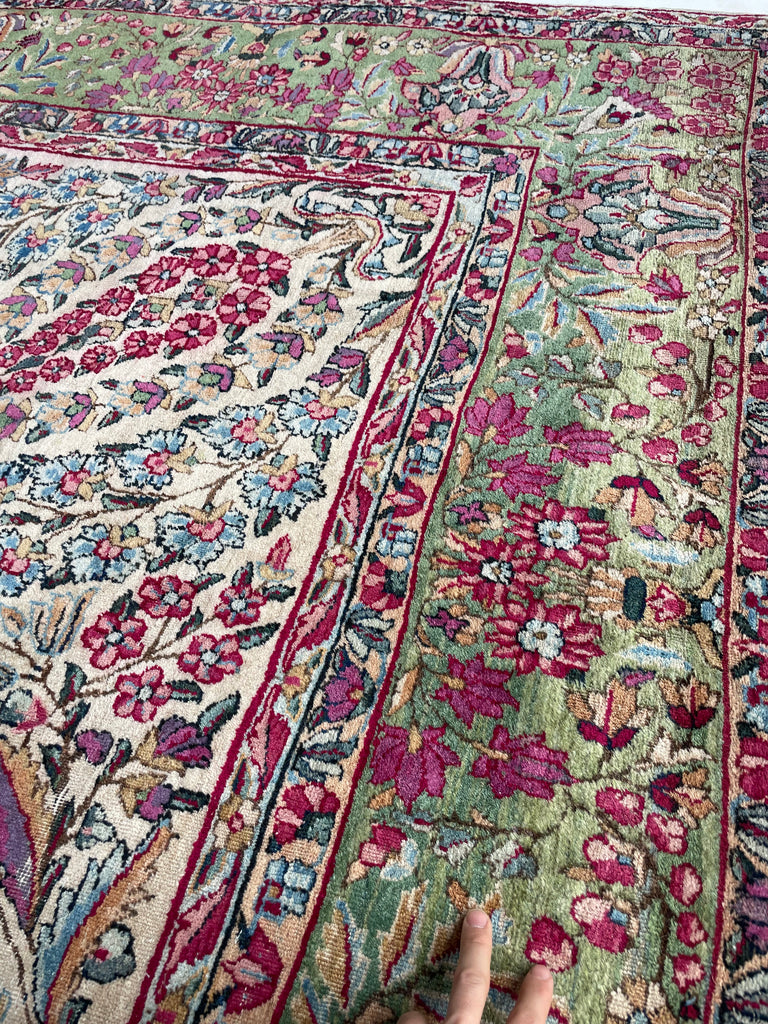 SOLD | MAGICAL Botanical Antique Kerman Lavar | Two-Toned GREEN Border with Purples & Beyond | 8.11 x 11.7